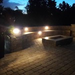 Outdoor Grill area & Patio pavers/Travertine w/ Bench, Columns, Lighting & Fire Pit