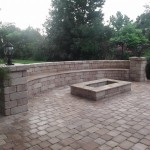 Outdoor Grill area & Patio pavers/Travertine w/ Bench, Columns, Lighting & Fire 