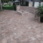 Outdoor Grill area & Patio pavers/Travertine w/ Bench, Columns, Lighting & Fire 